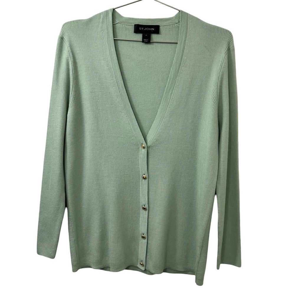 St. John Wool Silk Blend Long Sleeve Cardigan in Green Woman’s Medium